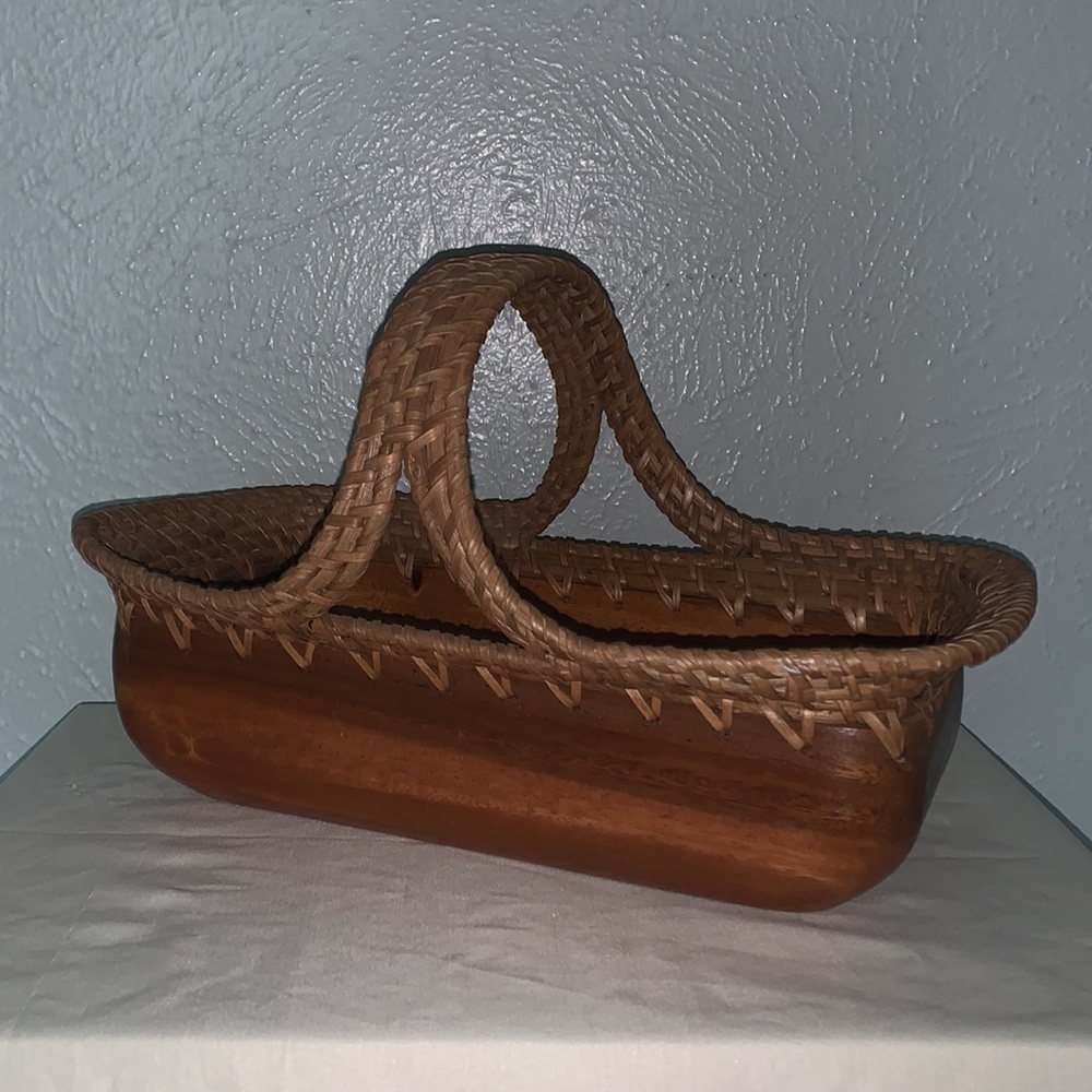Rattan handle solid wood basket, Made in Philippines